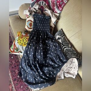 Hill House Home Black and Cream Floral Tiered Midi Dress Bow Tie Strap Size XXS